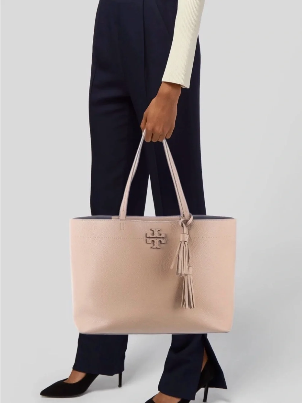 TORY BURCH MCGRAW BLUSH PEBBLED LEATHER TASSEL TOTE